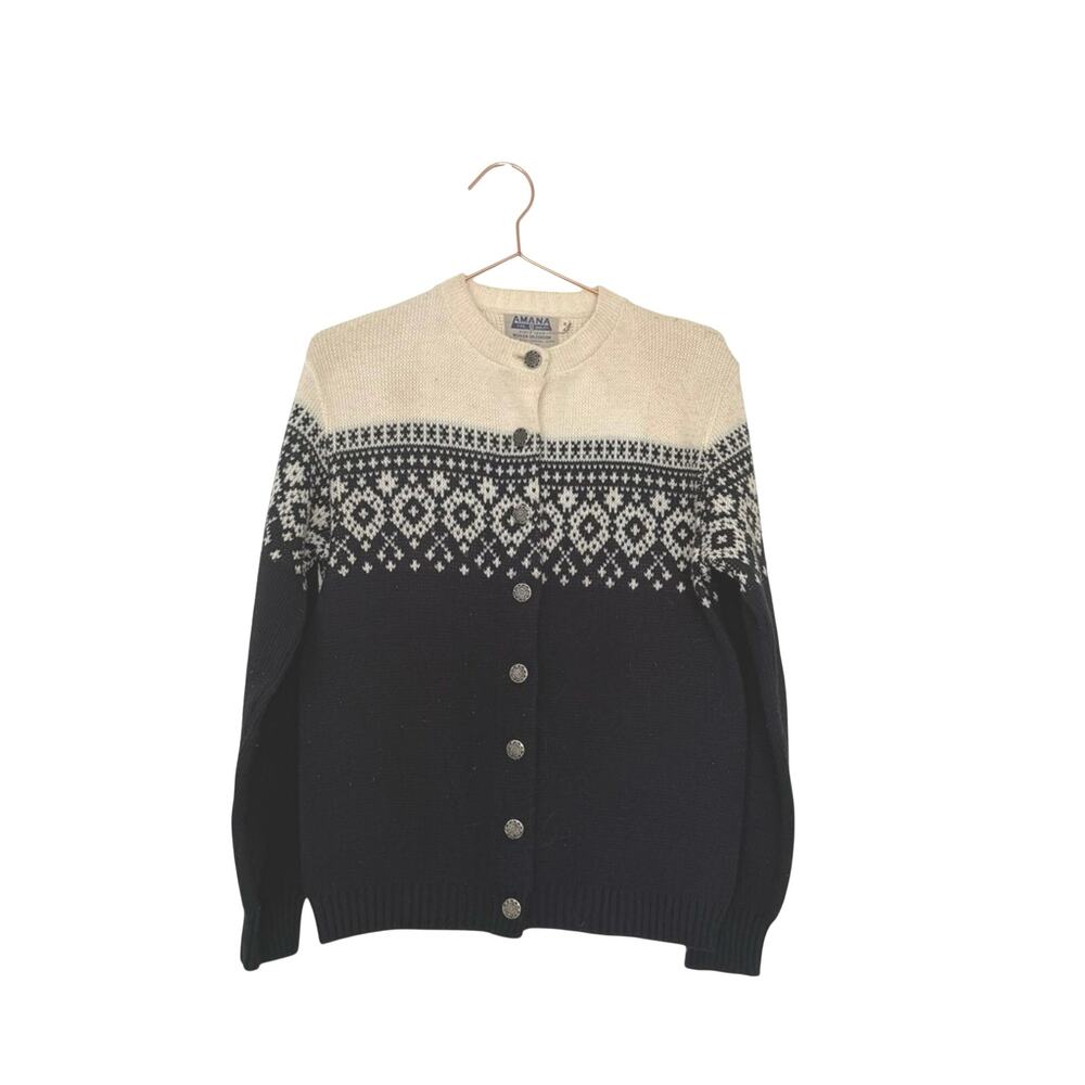 Amana Iowa woolen salesroom fairisle snowflake black and Cream Cardigan Sweater